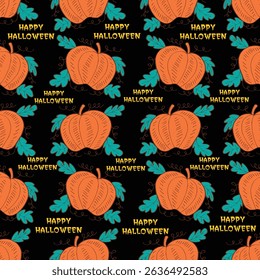Seamless pattern with pumpkins and text Happy Halloween. Vector illustration.