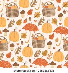 Seamless pattern with pumpkins, umbrellas, autumn leaves, mushrooms, and harvest baskets. Ideal for fall themed fabric, wallpaper, and cozy seasonal textile projects