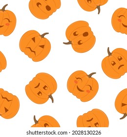 Seamless pattern of pumpkins with various emotions on white background. Halloween background for autumn decorative design. Isolated vector illustration 