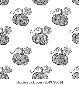 Seamless pattern with pumpkins. Vector isolated background with pumpkins with a beautiful ornament. Texture for textiles or wrapping paper. Autumn pattern.