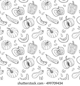 Seamless Pattern from pumpkins and vegetable marrows. Autumn harvest. Vector background.