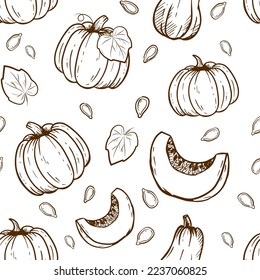 seamless pattern with pumpkins, vegetables  autumn background for seasonal textile prints, holiday banners, backgrounds or wallpapers. Vector