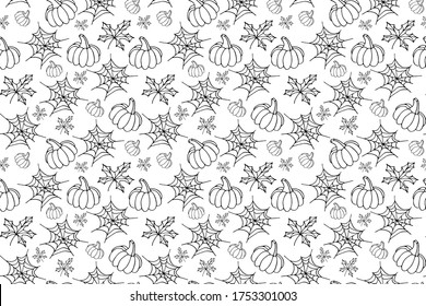 Seamless pattern of pumpkins, webs and leaves in doodle style. Halloween party symbols. Can be used for scrapbook digital paper, textile print, wallpaper. Vector hand drawn illustration.