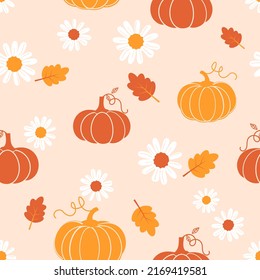 Seamless pattern with pumpkins, white flower and autumn leaves on pastel background vector illustration.