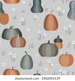 Patrón sin foco con calabazas y flores blancas en la ilustración vectorial de fondo gris.