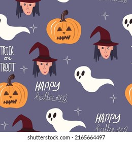 Seamless pattern with pumpkins, witch, ghost for Halloween. Vector print on a purple background. 