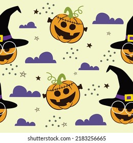 Seamless pattern pumpkins with witch hat pumpkin stein. Cloudly and star. Design for wallpaper, wrapping, fabric, and all your creative project