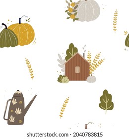 Patrón sin foco con calabazas, casa de madera, árbol y tetera. Textura de ilustración vectorial de otoño para cosecha y halloween