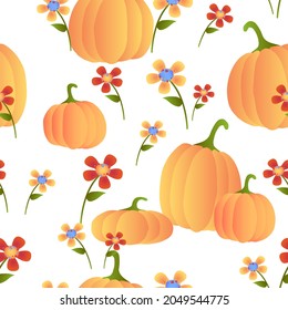 Seamless pattern with pumpkins and yellow-red wildflowers. Vector illustration in cartoon childish style