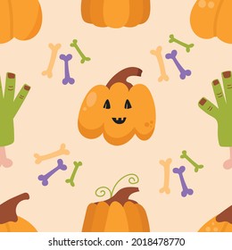 Seamless pattern of pumpkins and zombie hand. Halloween concept.