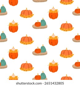 Seamless pattern with pumpkin-shaped candles, autumn leaves, and cozy decor compositions on white background. for fall designs, fabric prints, wrapping paper, packaging, and scrapbooking.