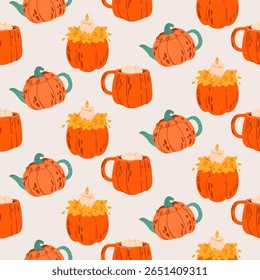 Seamless pattern with pumpkin-shaped mugs, teapots, and candles in cozy autumn style on light background. For fall designs, fabric prints, wrapping paper, kitchen textiles, packaging and scrapbooking.