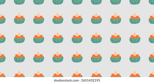 Seamless pattern with pumpkin-shaped teapots, mugs, and small pumpkins in cozy flat autumn style on white background. Fall designs, fabric prints, wrapping paper, packaging, and scrapbooking.