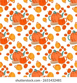 Seamless pattern with pumpkin-shaped teapots, mugs, and small pumpkins in cozy flat autumn style on white background. Fall designs, fabric prints, wrapping paper, packaging, and scrapbooking.