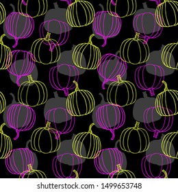 Seamless pattern of pumpkins.Outline drawing of a pumpkin.Flat style.For decorating fabrics, Wallpapers, packaging, dishes, paper, bed linen.Halloween design.Neon pattern on black background.