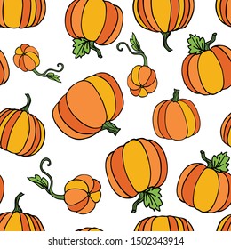 Seamless pattern of pumpkins.Outline drawing of a pumpkin.Flat style.For decoration and decoration of fabric,Wallpaper, packaging,tableware,paper,bed linen.Halloween design.colored pumpkins