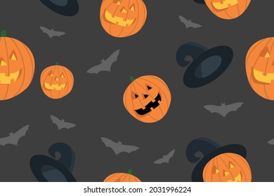 Seamless pattern of pumpkins,witch hat and bats on black background used for wrapping paper, wallpaper, clothing pattern, fabric pattern, carpet, curtain, cover, tablecloth, canvas.