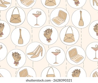 Padrão contínuo com bombas e bolsas em cores bege. Ilustração vetorial para fundos glamourosos impressionantes.