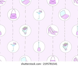 Seamless pattern with pumps and handbags in pink colors. Vector illustration for stunning glamorous backgrounds.