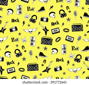 Seamless pattern. Punk rock, Hard rock music icons isolated on yellow. Doodle style set elements, patch, sticker. Design of Party poster, wrapping paper, textile, print, wallpaper. Vector illustration