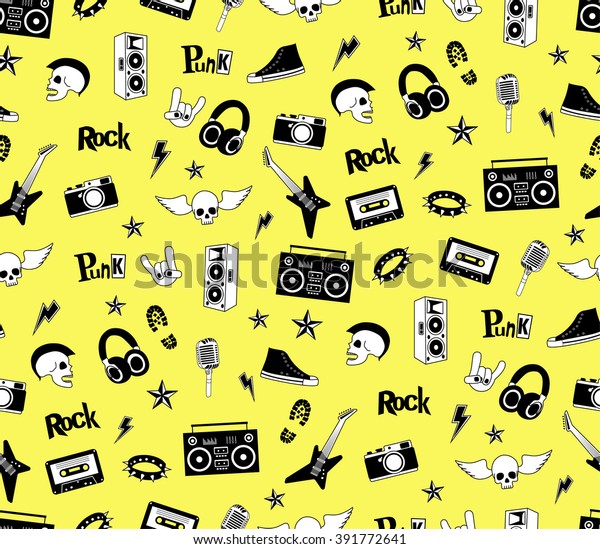 シームレスなパターン 黄色い背景にパンクロック ハードロック の音楽アイコン 落書き風セットエレメント パッチ ステッカー 党のポスター 包装紙 織物 印刷 壁紙のデザイン ベクターイラスト のベクター画像素材 ロイヤリティフリー