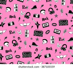 Seamless pattern. Punk rock music isolated on pink background. Doodle style elements, emblems, badges, logo and icons. 