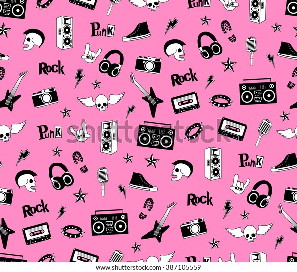 シームレスなパターン ピンクの背景にパンクロック音楽 落書き風のエレメント エンブル バッジ ロゴ アイコン のベクター画像素材 ロイヤリティフリー