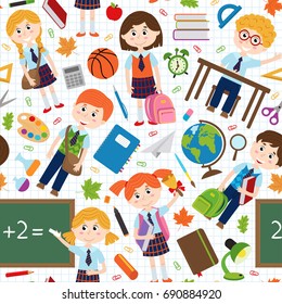 seamless pattern with pupils and school supplies - vector illustration, eps