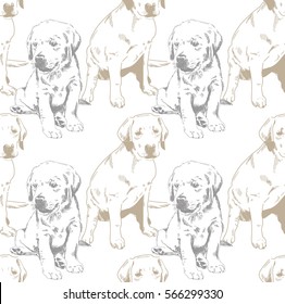
Seamless pattern with puppies. Drawing by hand in vintage style. Cute kids background with dogs.