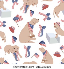 Seamless pattern with puppies labradors - patriots hold flag the USA. Hand drawn vector illustration. Congratulations to family loved ones, friends, and colleagues on Independence Day. Pets care