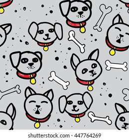 Seamless pattern with puppies . Simple , a child's drawing . Dog collars , bones .
