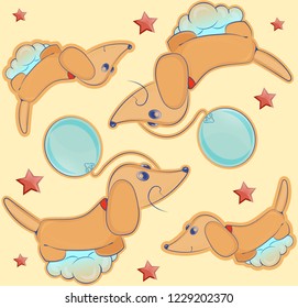 Seamless pattern with puppy, pastel  yellow background.
