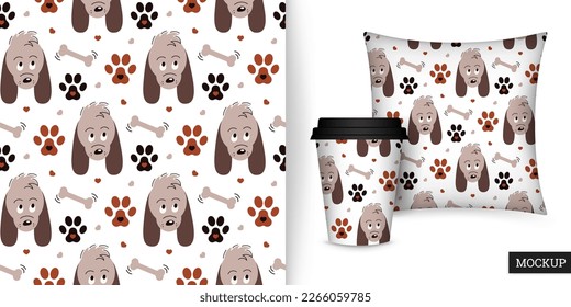 Seamless pattern with puppy, paw and bone. Childish background with cartoon dog and paws. Vector illustration in flat style. Design for cover, paper, fabric. Mockup.
