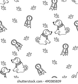 Seamless pattern - puppy sitting, awards, paw trace isolated on white background in flat style. Contour images. Vector illustration.