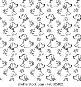 Seamless pattern - puppy sitting, paw trace isolated on white background in flat style. 2018 Chinese New Year of the dog - design for wrapping paper. Vector illustration