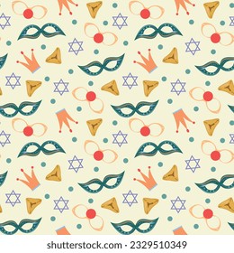 Seamless pattern with purim cookies, masks, Star of David, glasses on yellow background. For wallpaper, textile, cards. 
