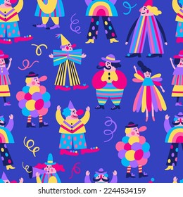 Seamless pattern for Purim holiday with cute carnival clowns. Childish print for greeting cards, posters, invitations and backgrounds.