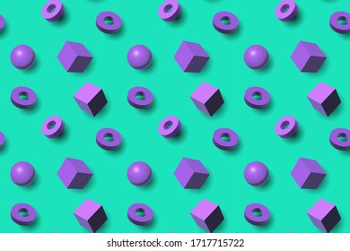 Nahtloses Muster mit violetten 3D-Formen, die über Aqua fliegen, die grüne Kulisse. Würfel, Ball- und Ringfiguren, abstrakter Hintergrund