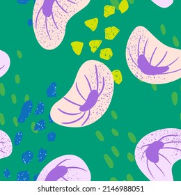 Seamless pattern with purple abstract organic flowers and textures. Vector green tropical background with florals. 