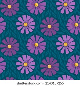 Seamless pattern of purple african daisy style flowers surrounded by teal green leaves.