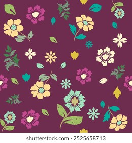 Patrón sin fisuras. Fondo púrpura con flores de colores.