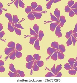 Seamless pattern with purple, beige and pink flowers. Vector illustration. Vector illustration of purple, beige and pink hibiscus flowers.