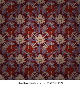 Seamless pattern with purple, beige and red flowers and leaves, abstract floral pattern. Tileable vector pattern for wallpaper, cards or fabric.