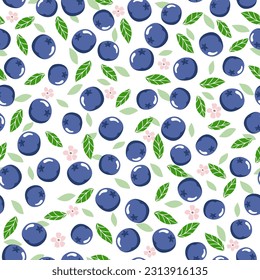 Seamless pattern with purple berry. Blueberry, leaf and pink flowers print. Vector graphics.