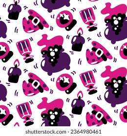 Seamless pattern of purple and black colors for Halloween. Witch, hat, potion, poison, cauldron, candle, glass ball, confetti on a white background vector illustration in cartoon style. packaging
