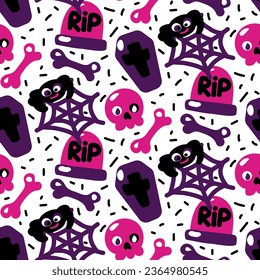 Seamless pattern of purple and black colors for Halloween. Death, skull, bones, tombstone, spider web, spider, coffin and confetti on a white background vector illustration in cartoon style. packaging