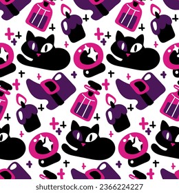 Seamless pattern of purple and black colors for Halloween. Witch, potion, shoe, cat, candle, glass ball, stars on a white background vector illustration in cartoon style. Gift packaging, party