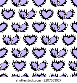 Seamless pattern with purple and black flaming hearts. Vector background in 90s, 00s, y2k style