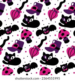 Seamless pattern in purple and black for Halloween. Witch, broom, shoe, cat, bat, confetti on a white background vector illustration in cartoon style. Festive packaging, party texture