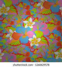 Seamless pattern in purple, blue and green colors. Vector hand drawn painting of purple, blue and green hibiscus flowers.